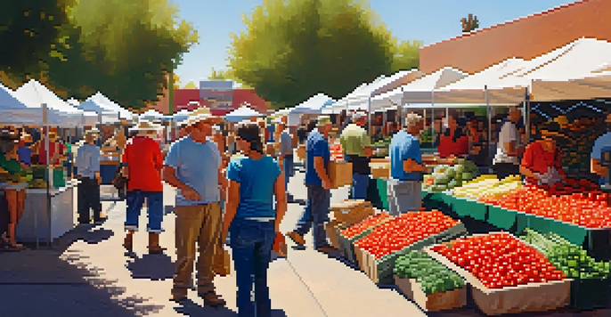 A bustling farmers' market in Tucson filled with colorful fresh produce and local farmers interacting with customers.