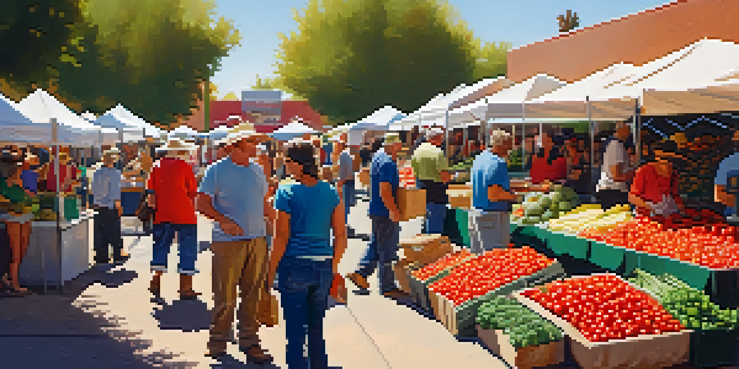 A bustling farmers' market in Tucson filled with colorful fresh produce and local farmers interacting with customers.