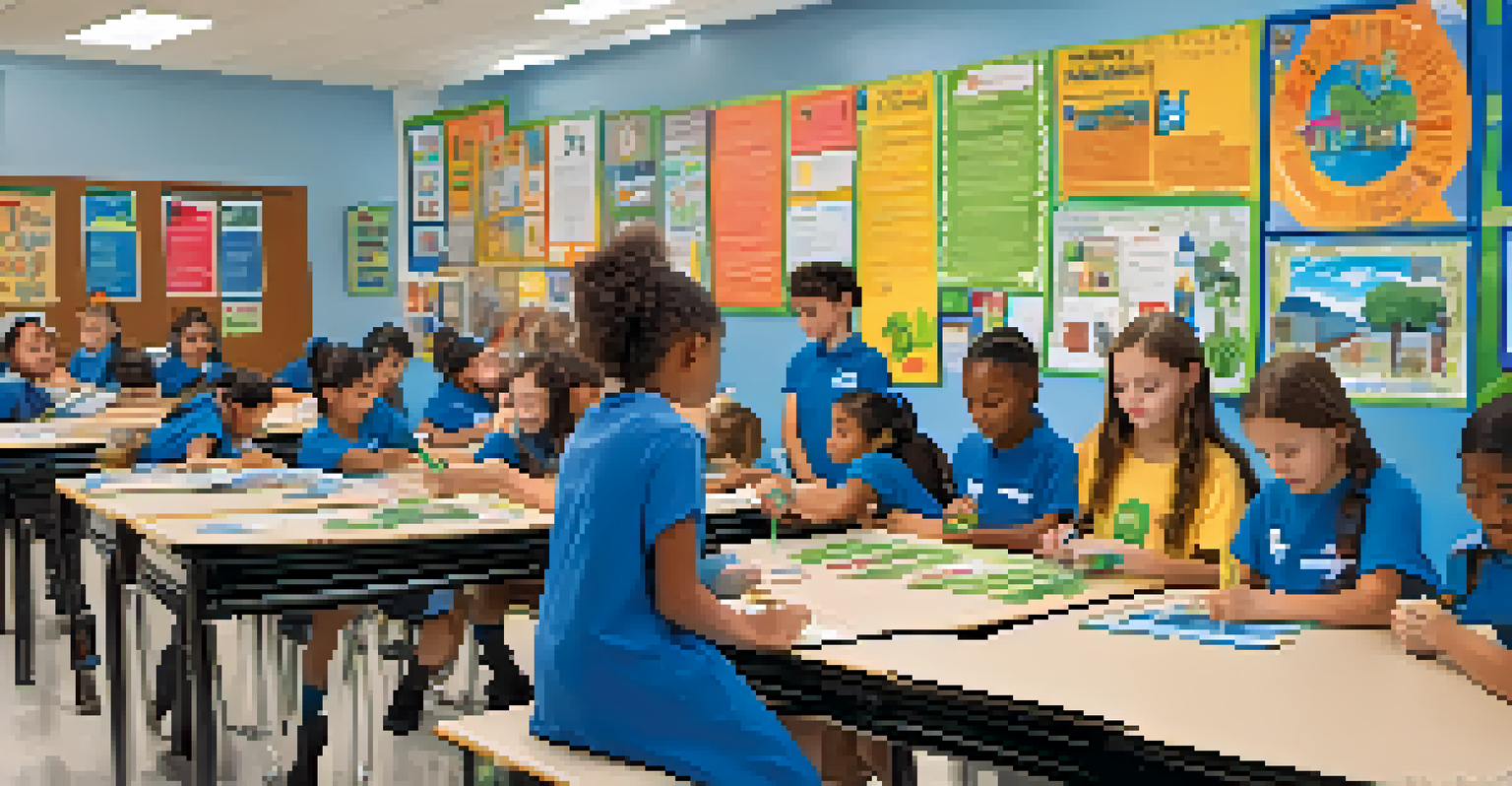 A classroom in Tucson where students are engaged in a recycling workshop, working on projects with recycled materials, with sustainability posters on the walls.