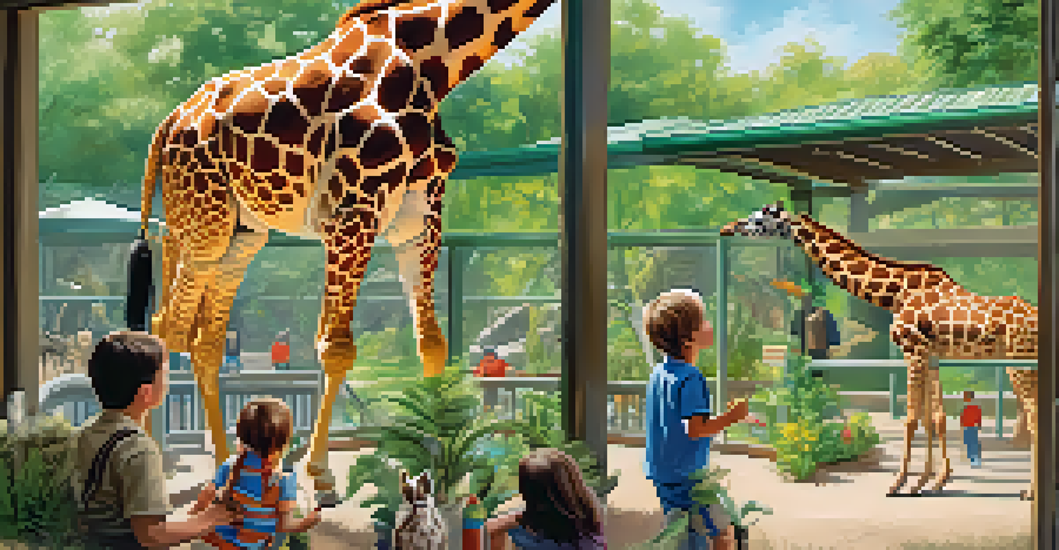 A child feeding a giraffe at Reid Park Zoo, with a zookeeper nearby sharing information in a lively zoo setting.