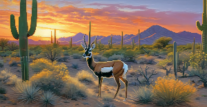 A Sonoran pronghorn stands in the Sonoran Desert during sunset, surrounded by cacti and flowering plants.
