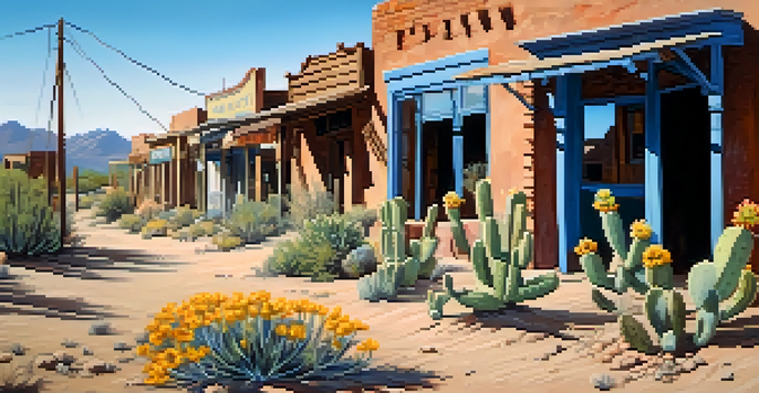 A bright, abandoned ghost town in Tucson with crumbling adobe buildings and wildflowers blooming in the foreground under a clear blue sky.