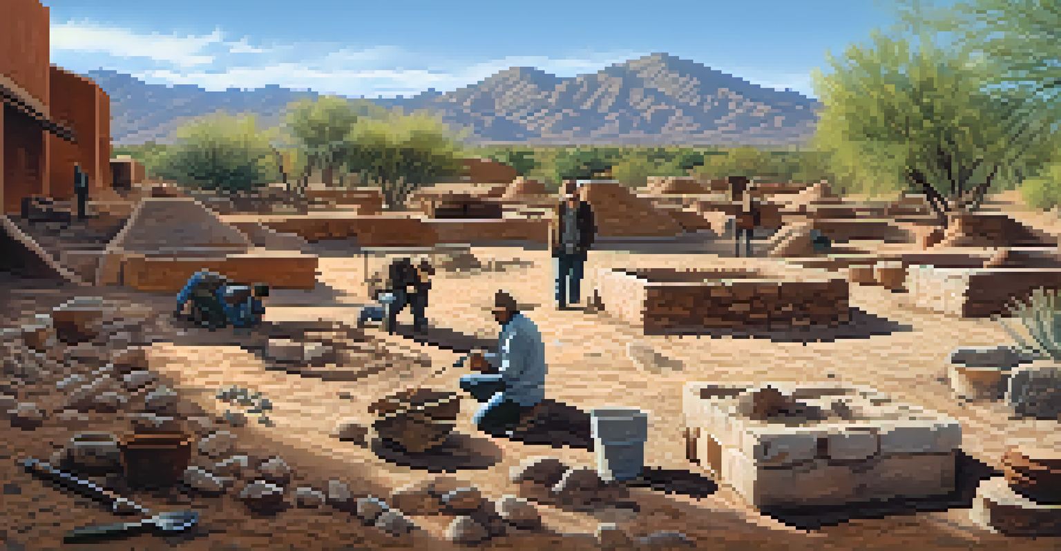 Researchers excavating an archaeological site in Tucson, surrounded by artifacts like pottery and tools.