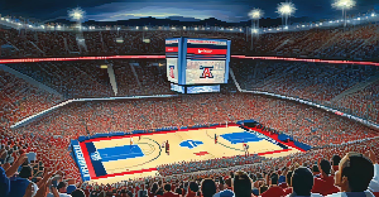 A crowded basketball stadium at the University of Arizona, with fans cheering and players in action on the court.