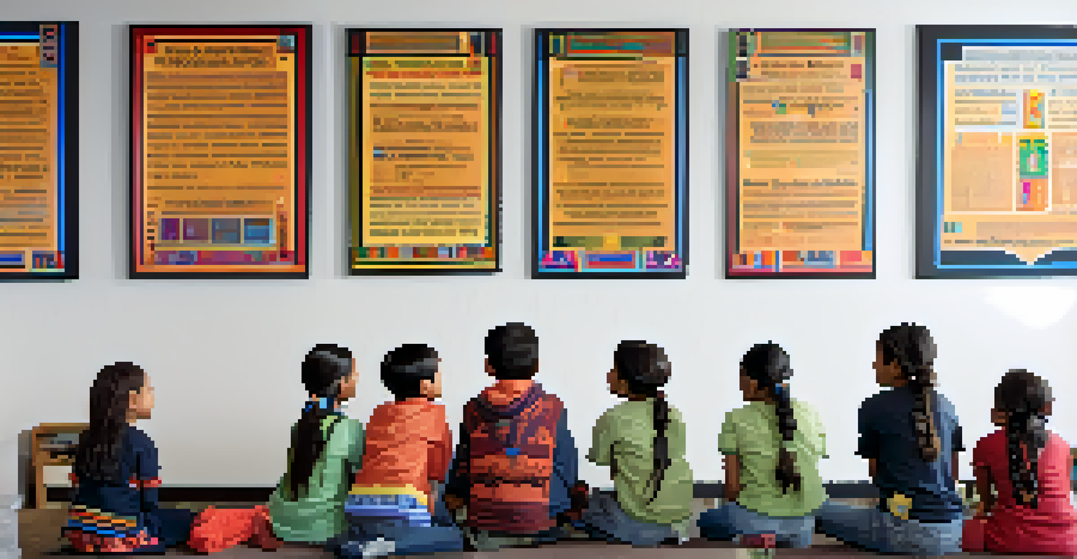 Children in a classroom learning Indigenous languages, surrounded by educational posters and a joyful atmosphere.
