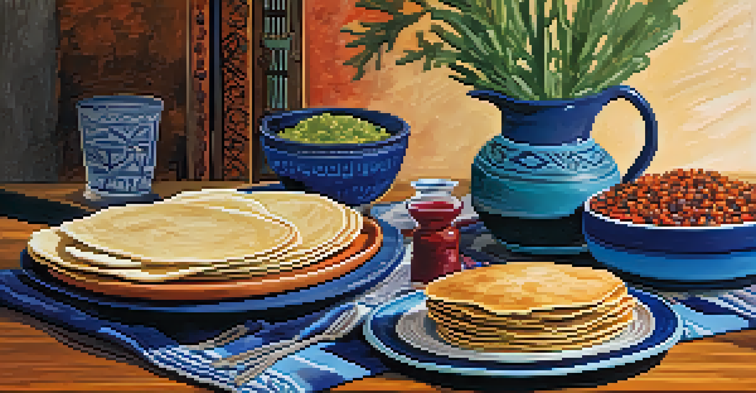An elegant dining table set with traditional Tucson dishes and rustic pottery, illuminated by warm lighting.