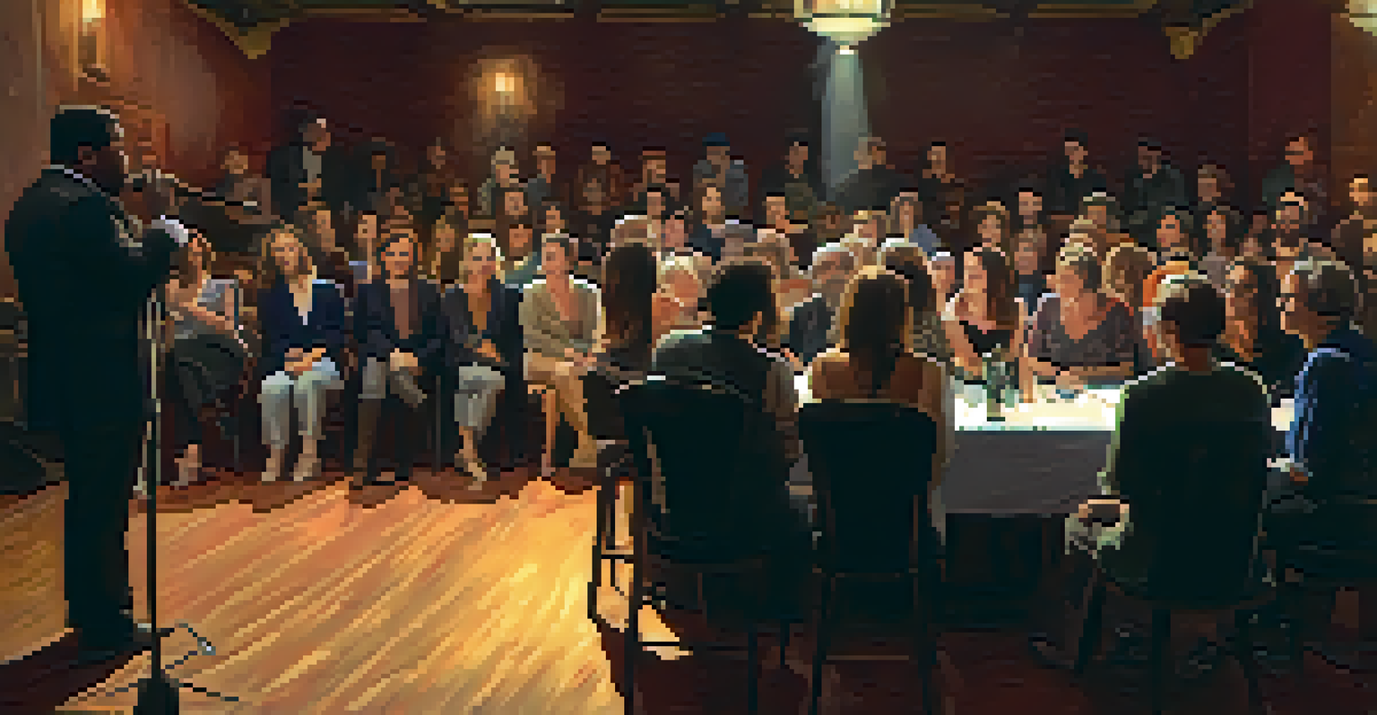 An intimate theater performance featuring a diverse cast of actors, with an engaged audience in a cozy, dimly lit setting.