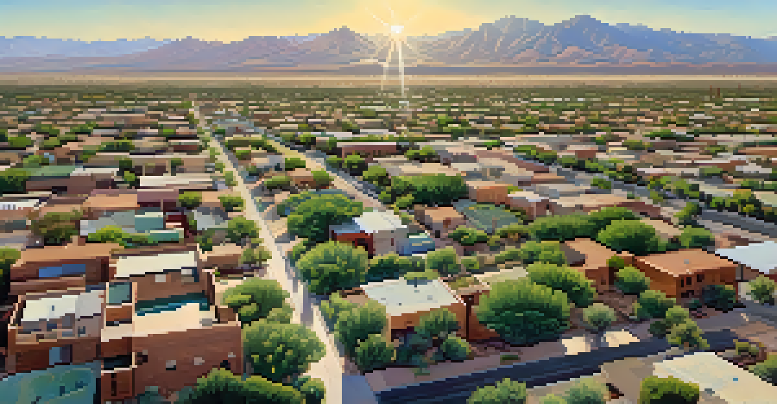 An aerial view of Tucson contrasting green gardens with dry landscapes, illustrating disparities in water access.