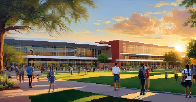A scenic view of the University of Arizona campus with students and buildings, bathed in warm sunset light.