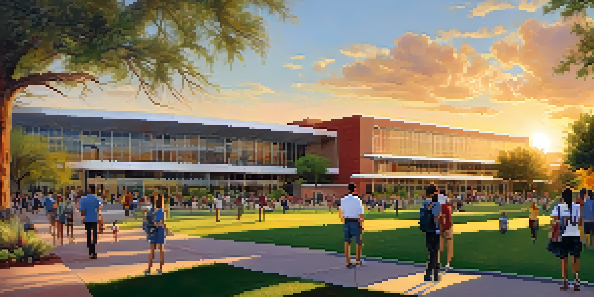 A scenic view of the University of Arizona campus with students and buildings, bathed in warm sunset light.