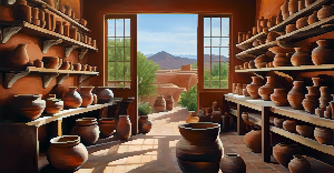 A pottery studio in Tucson with potters working on clay pieces, natural light shining through windows, showcasing earthy tones and vibrant glazes.