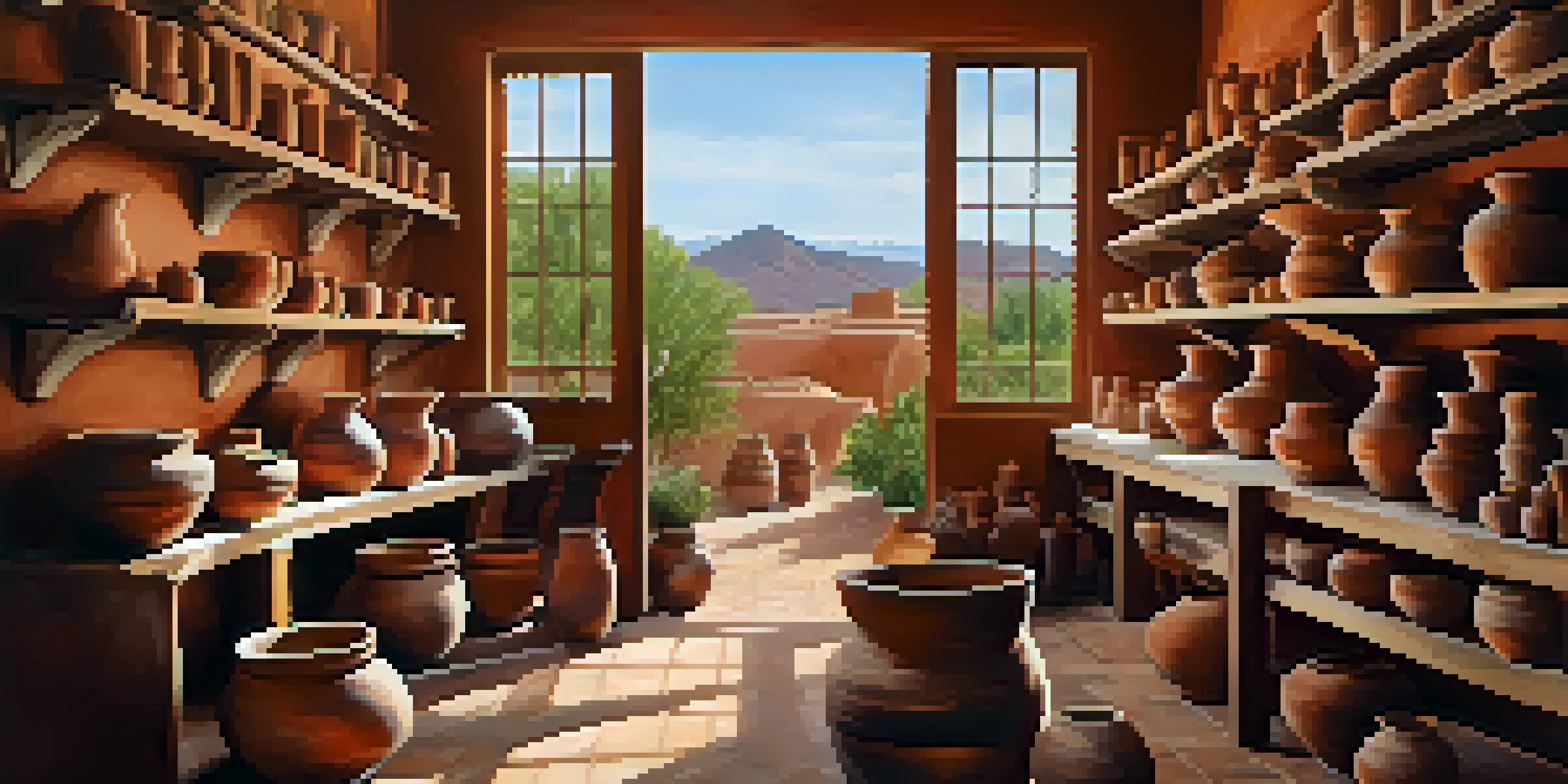 A pottery studio in Tucson with potters working on clay pieces, natural light shining through windows, showcasing earthy tones and vibrant glazes.