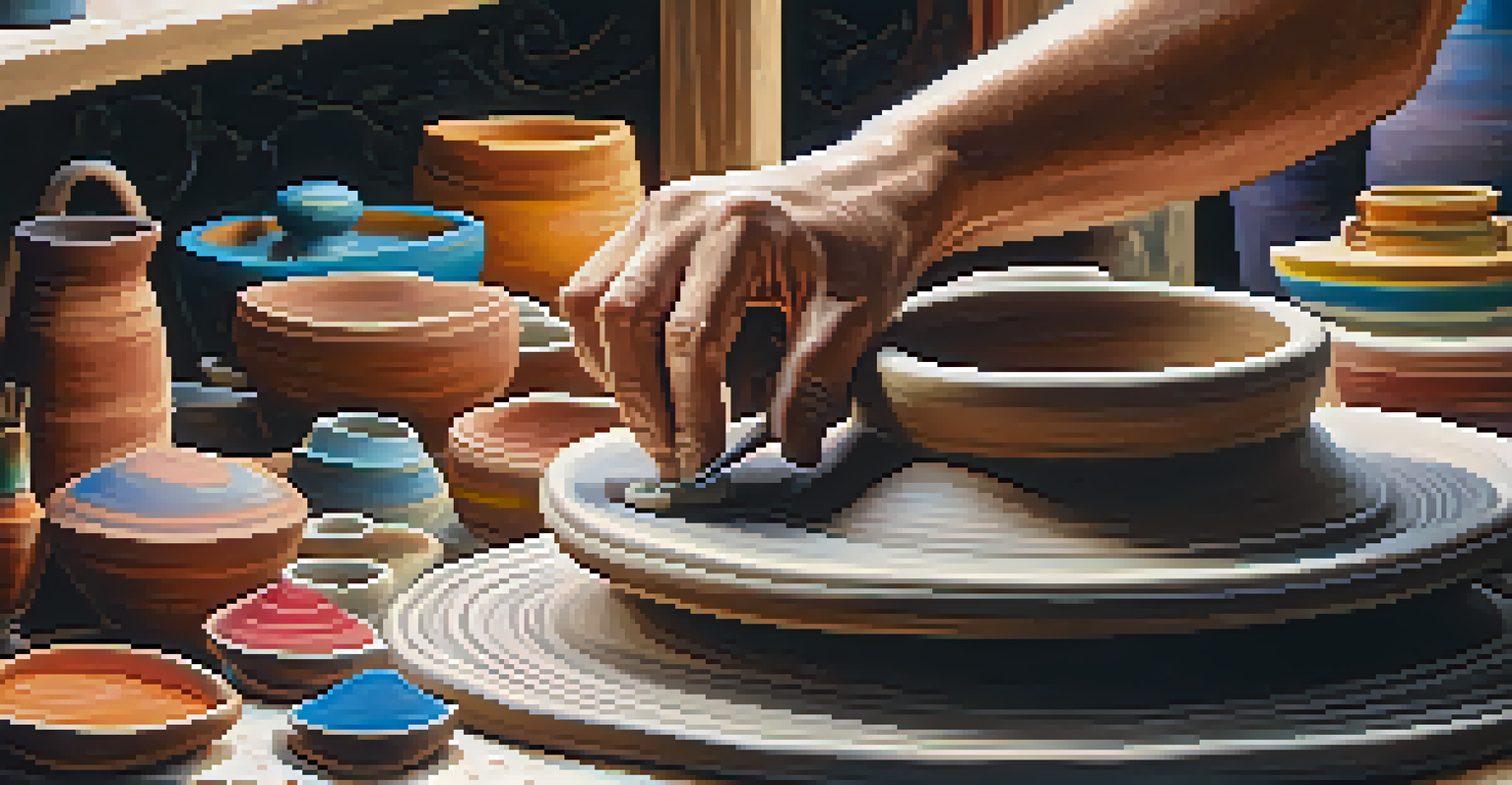 A potter's hands shaping clay on a pottery wheel, surrounded by tools and shelves of vibrant finished pottery.
