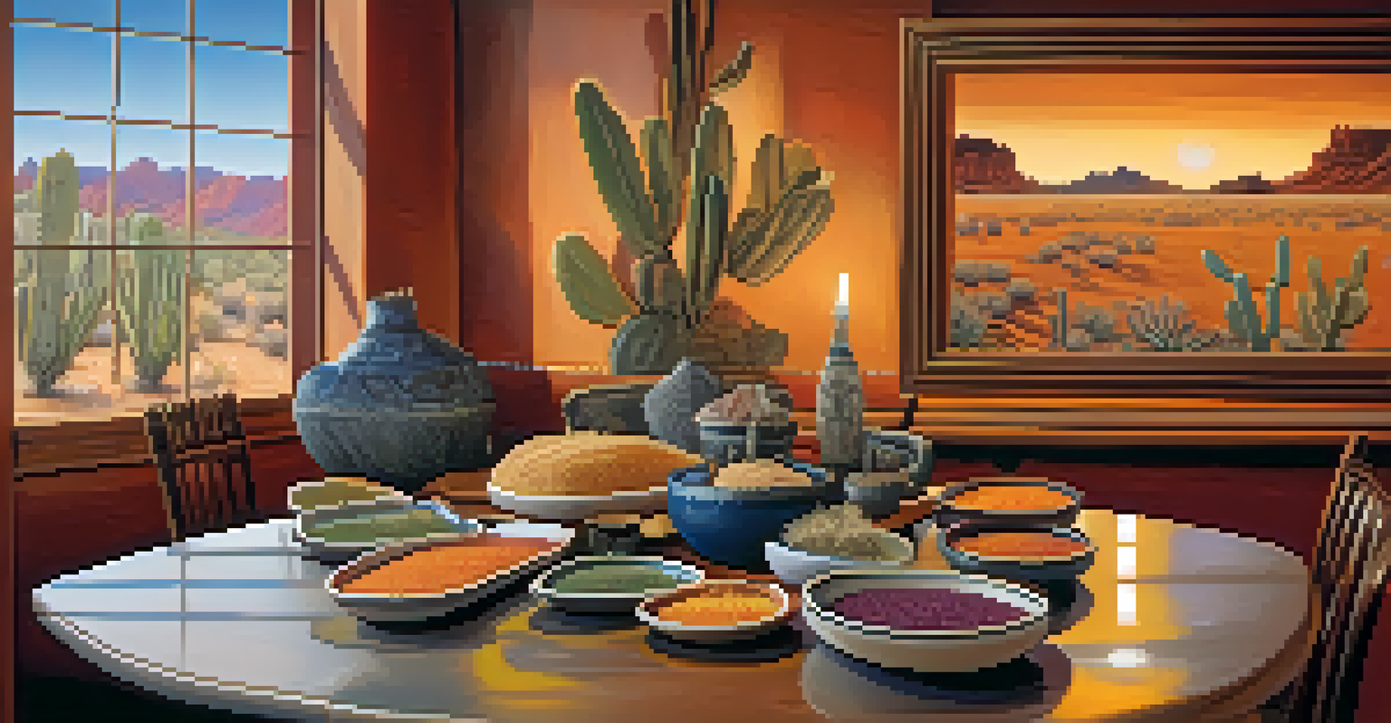A dining table in a Tucson restaurant showcasing a dish made with Native American ingredients, surrounded by cultural artifacts.