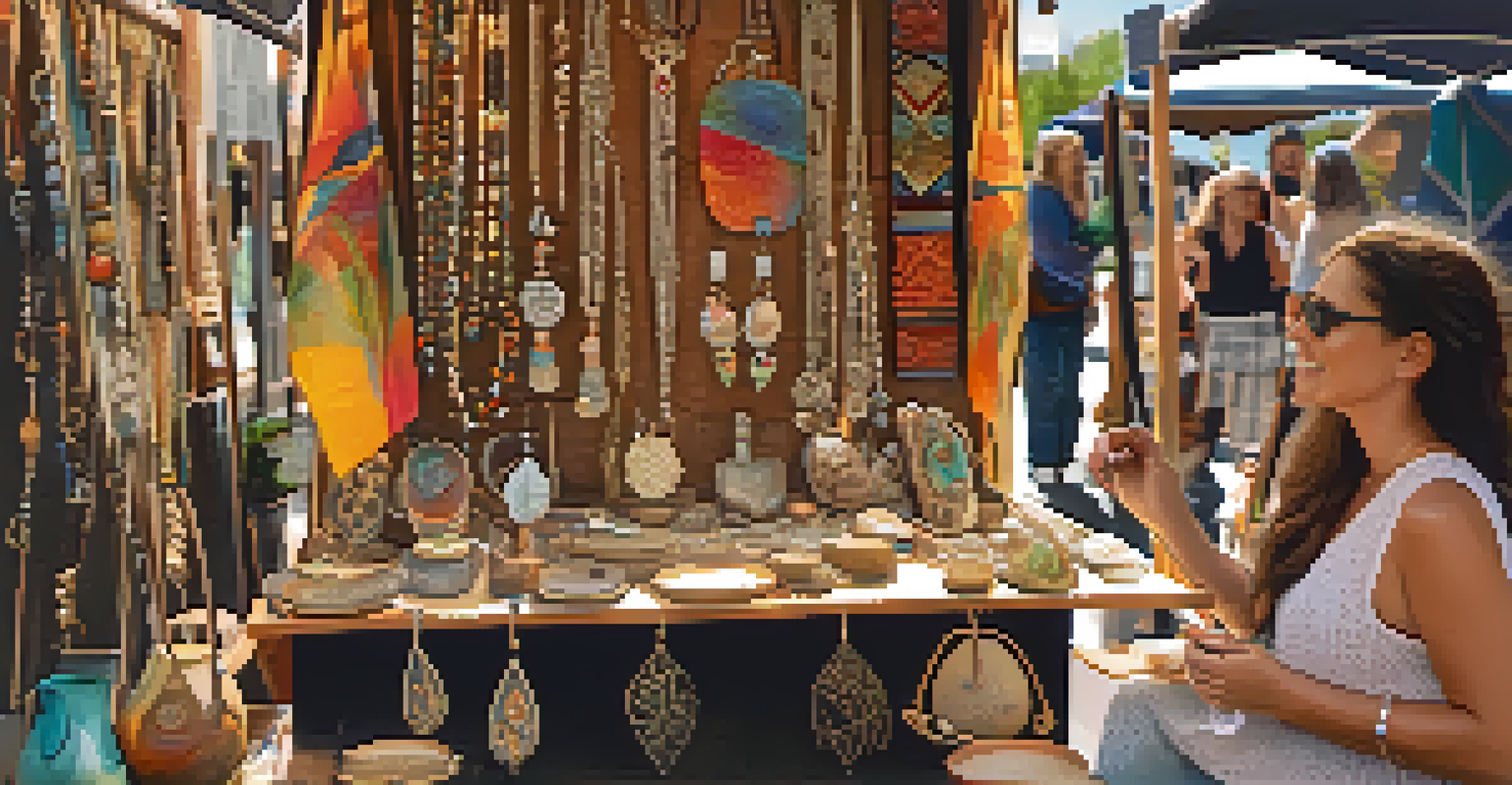 A local artist showcasing handmade jewelry and pottery at a street fair, interacting with a visitor in a cozy, artistic booth.