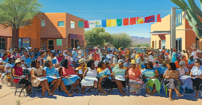 A diverse group of women engaging in conversation at a community gathering in Tucson, Arizona, with colorful banners and desert plants in the background.
