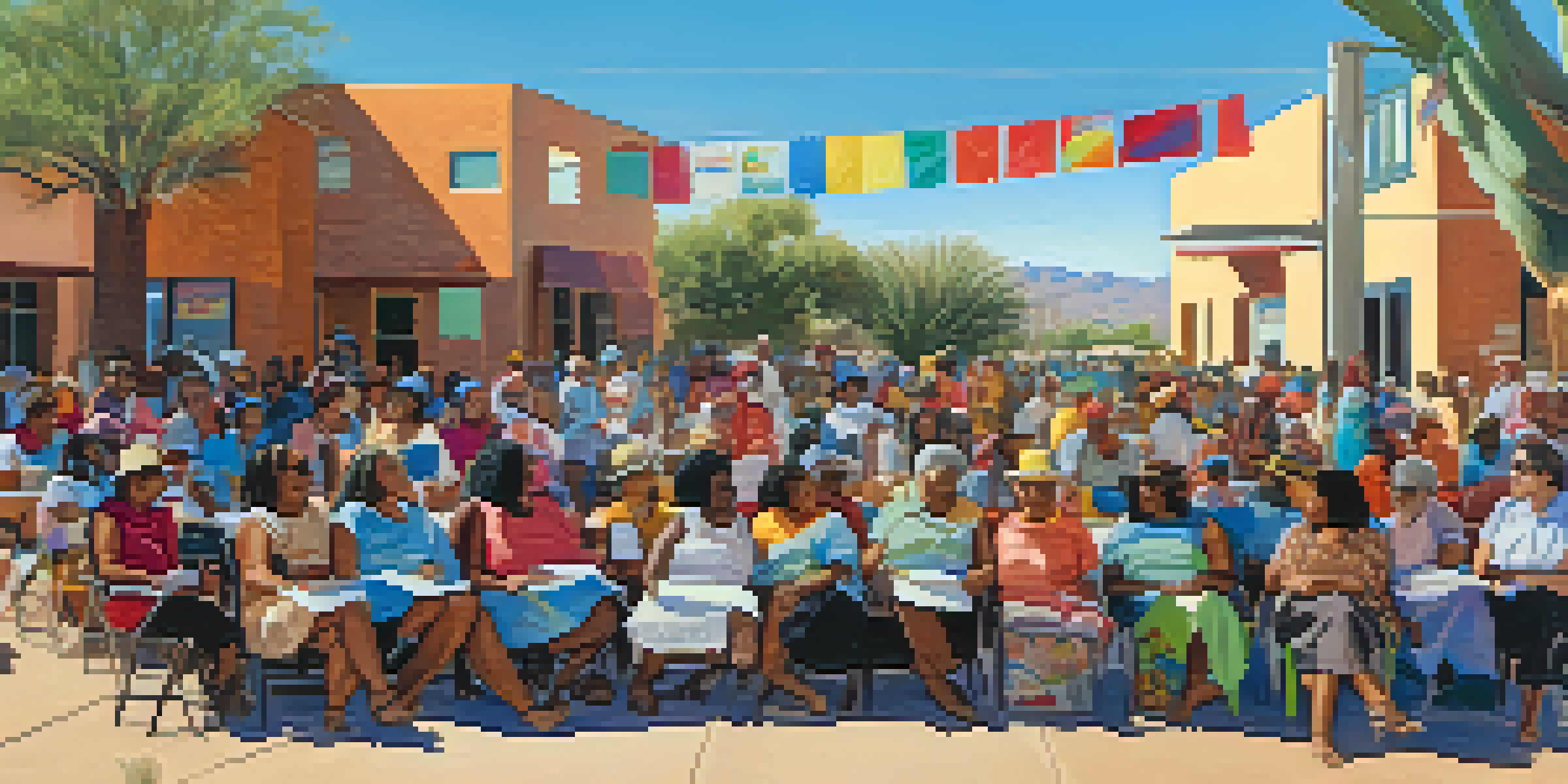 A diverse group of women engaging in conversation at a community gathering in Tucson, Arizona, with colorful banners and desert plants in the background.