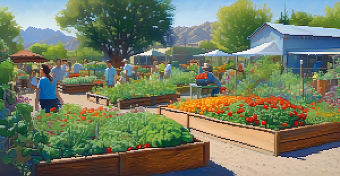 A community garden in Tucson with various plants and flowers, neighbors interacting under sunlight.