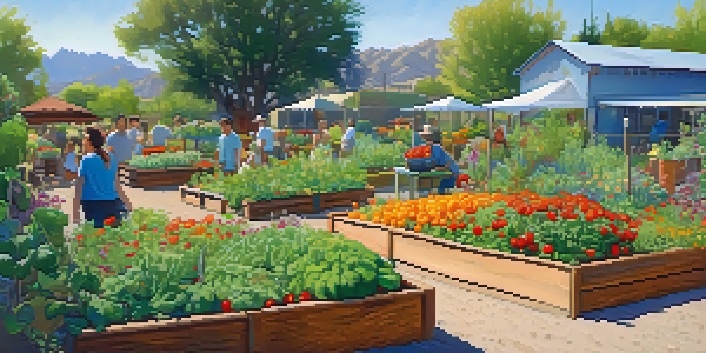 A community garden in Tucson with various plants and flowers, neighbors interacting under sunlight.