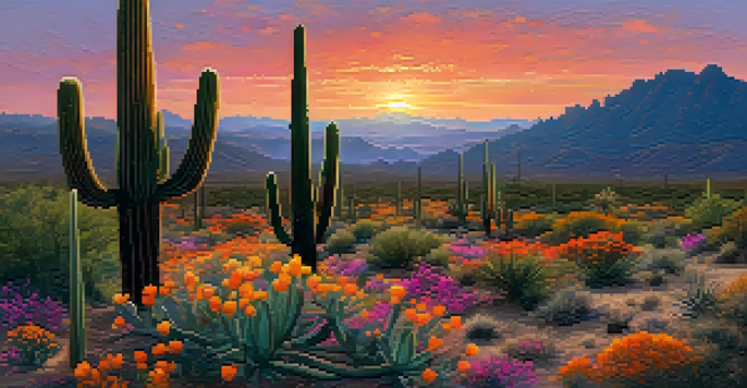 A panoramic view of the Sonoran Desert at sunset with silhouetted saguaro cacti and blooming wildflowers.