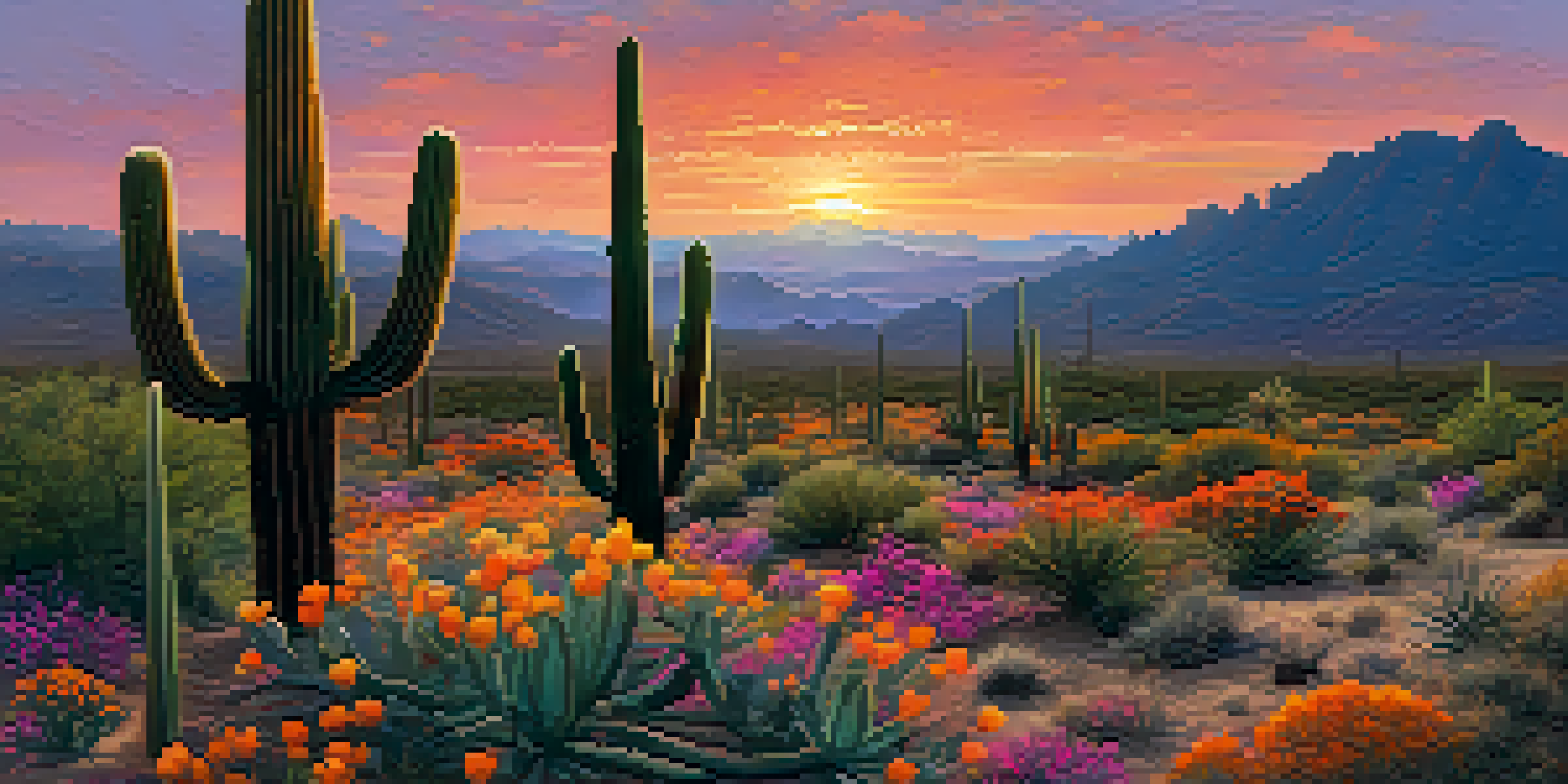 A panoramic view of the Sonoran Desert at sunset with silhouetted saguaro cacti and blooming wildflowers.
