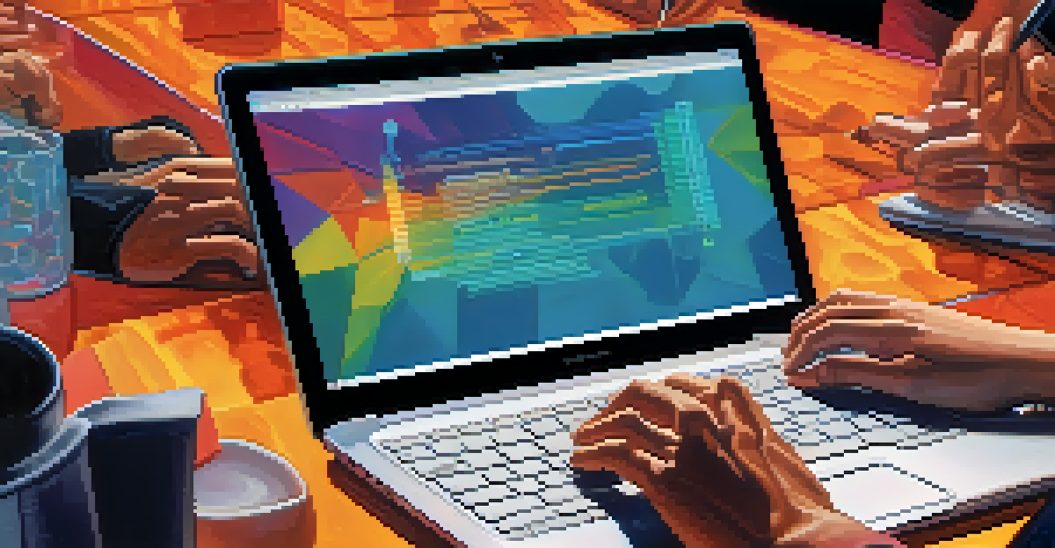 Hands typing on a laptop at a tech conference with attendees networking in the background.