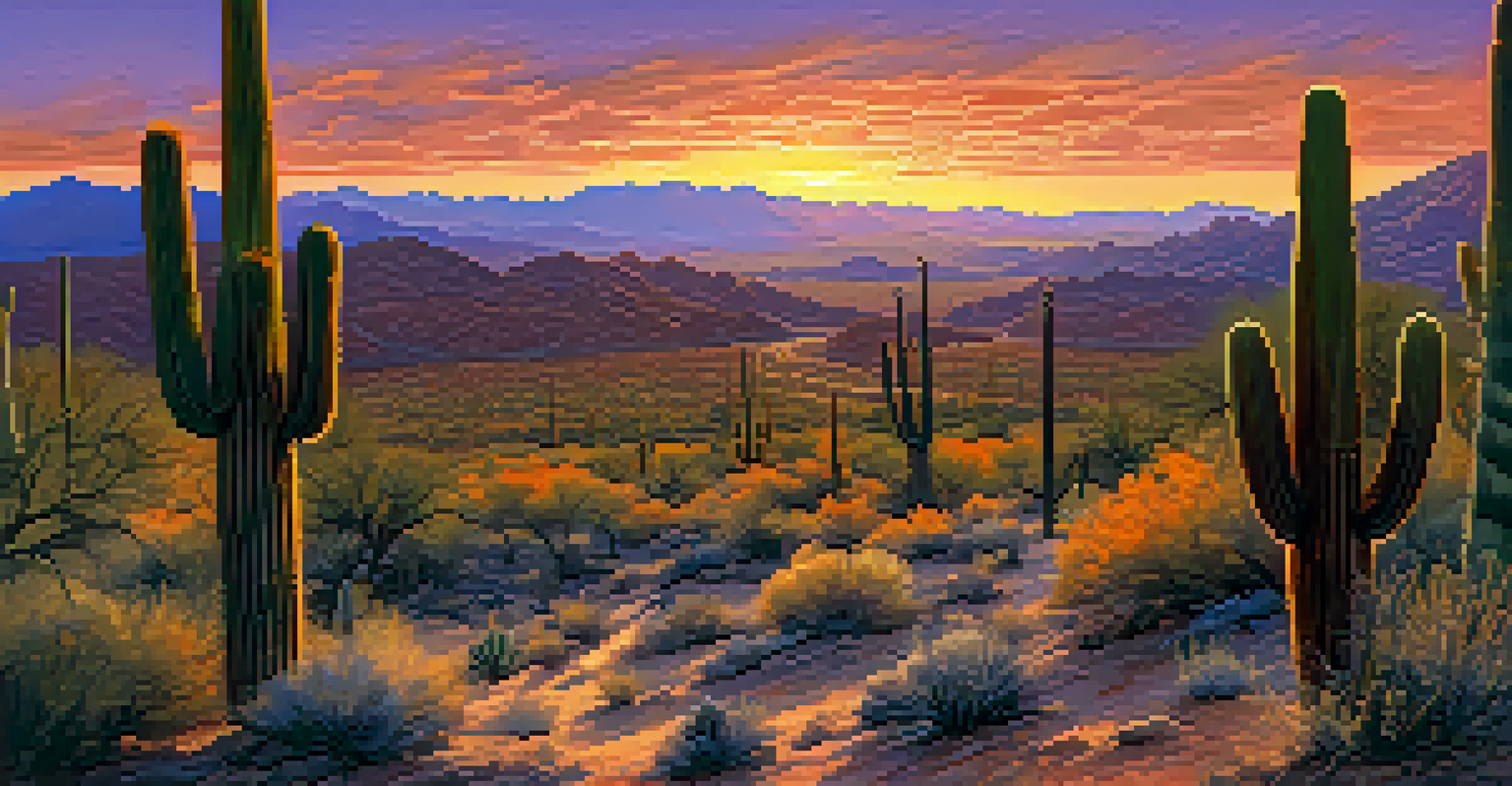 A vibrant sunset over a desert landscape, featuring tall saguaro cacti and silhouetted wildlife against a colorful sky.