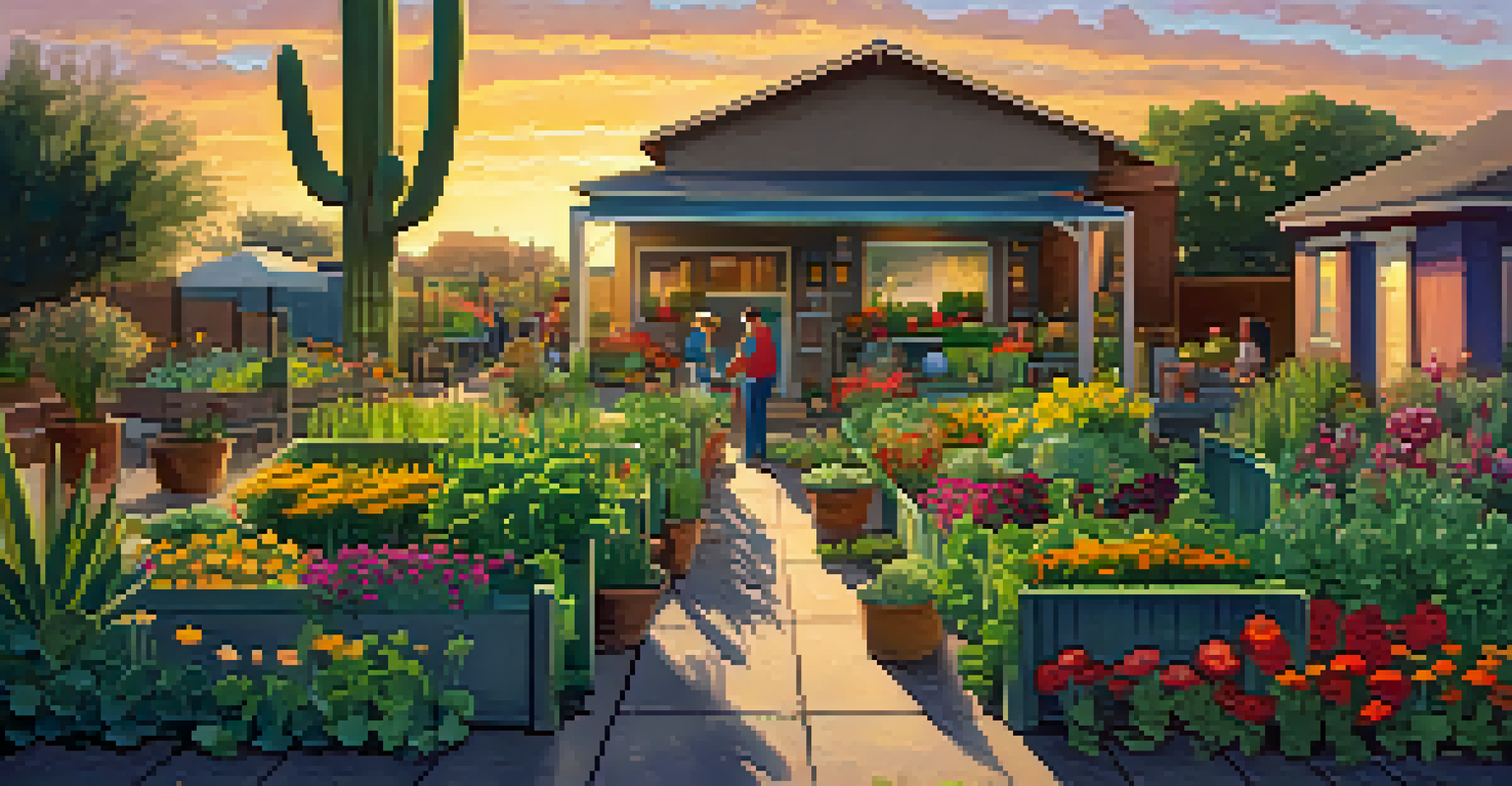 Community members working in a vibrant urban garden filled with flowers and vegetables in Tucson at sunset.