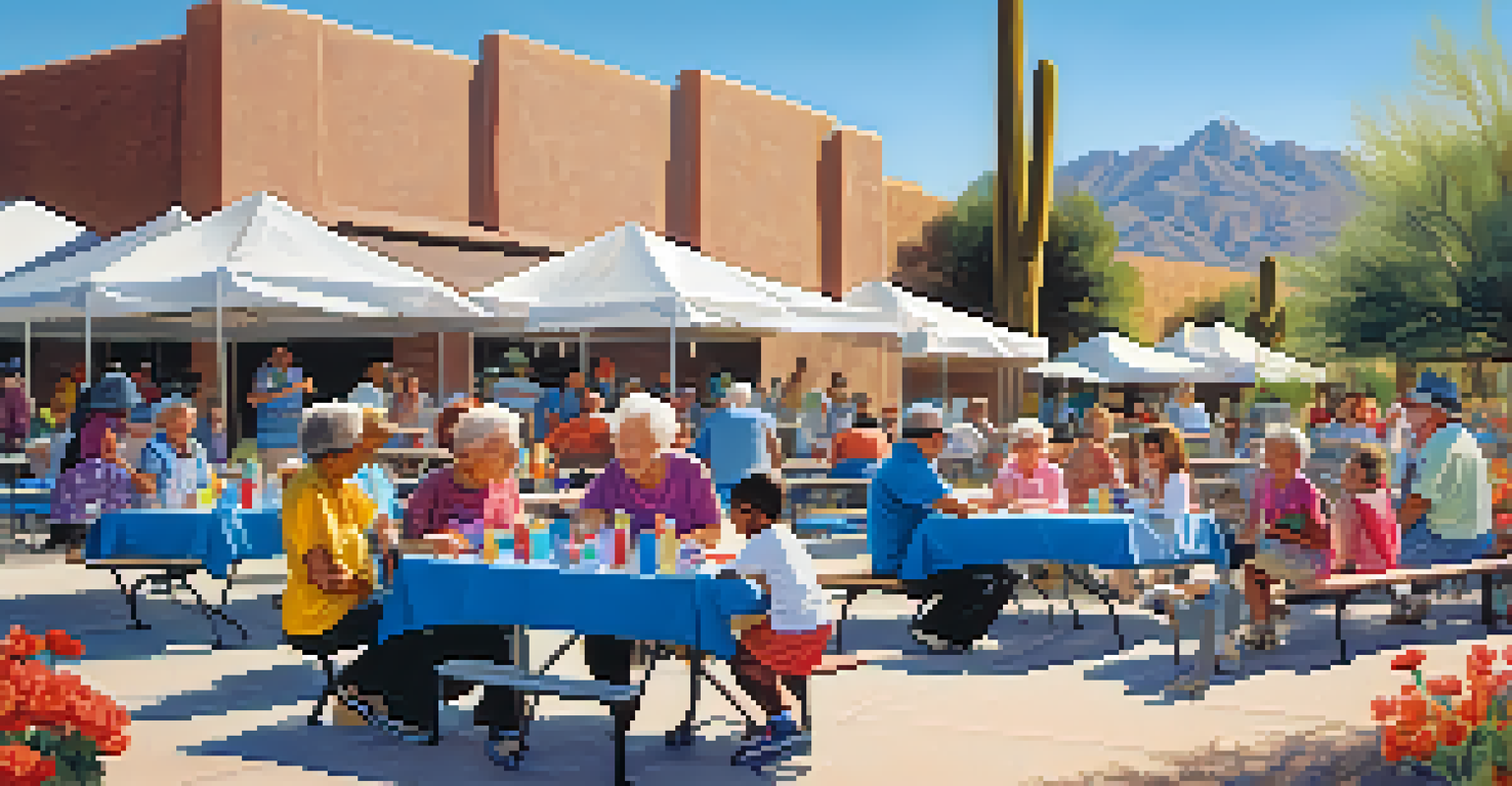 A community gathering in a park in Tucson with families and older adults interacting against a backdrop of mountains and flowers.
