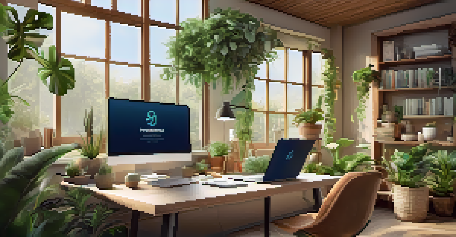 A digital learning environment with a laptop showing an online environmental workshop, surrounded by plants and nature-themed decor, illuminated by soft light.