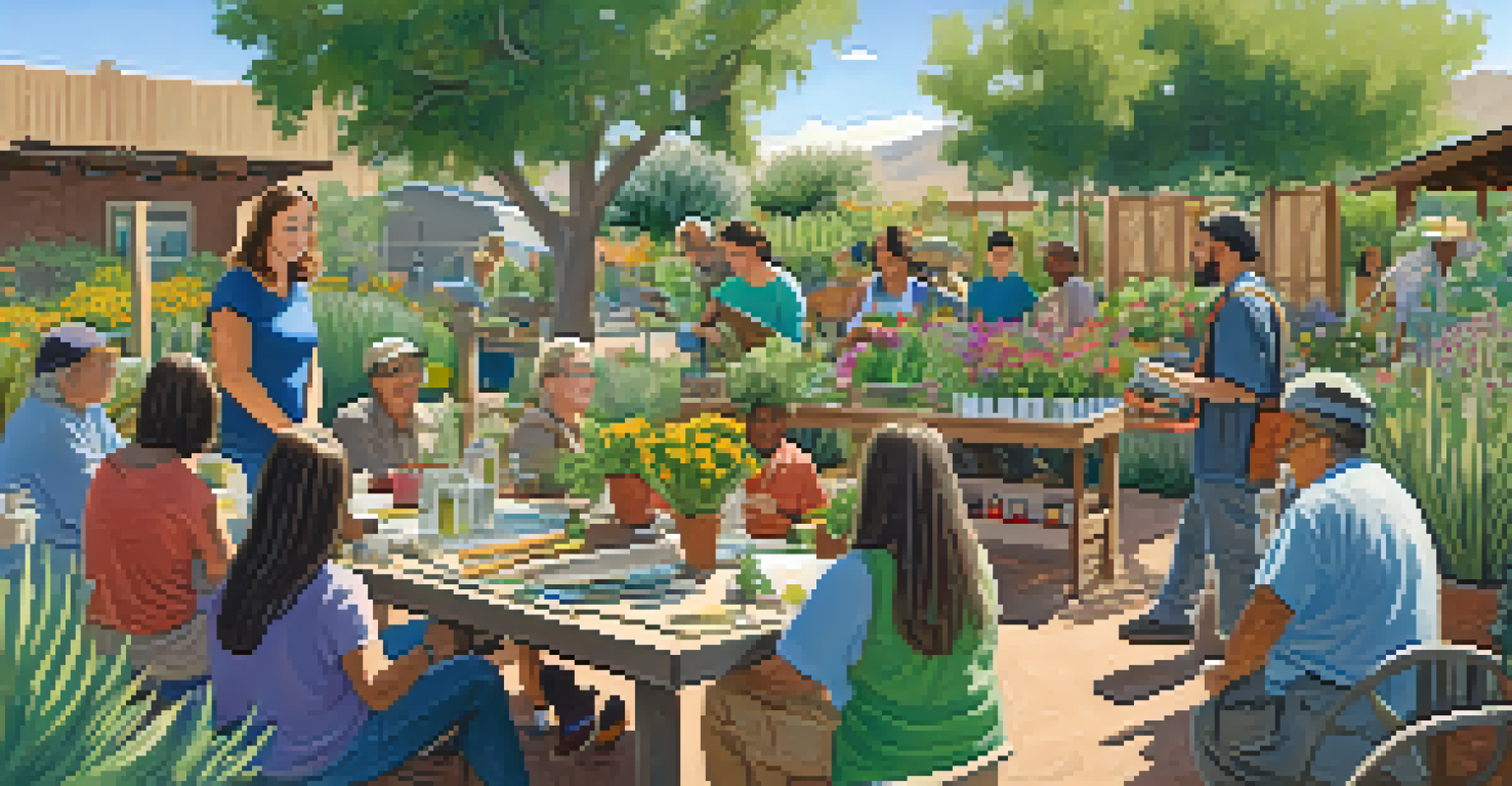 Residents participating in a gardening workshop with tools and plants in a Tucson community garden.