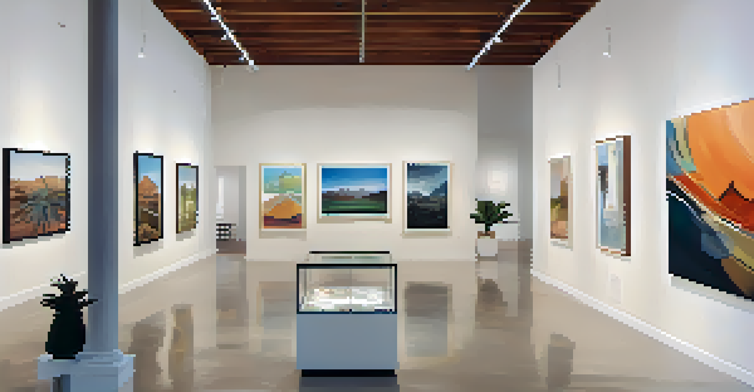 An interior view of a Tucson art gallery featuring diverse artworks and visitors interacting in a bright space.