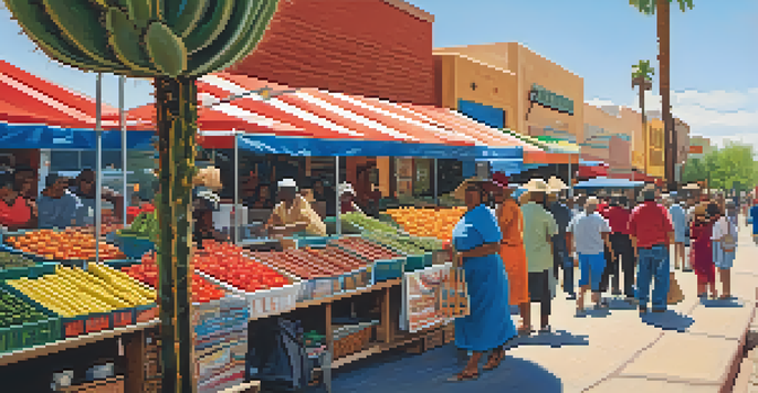 A busy market in Tucson, Arizona, with vendors selling colorful products and diverse community members interacting under a clear blue sky.