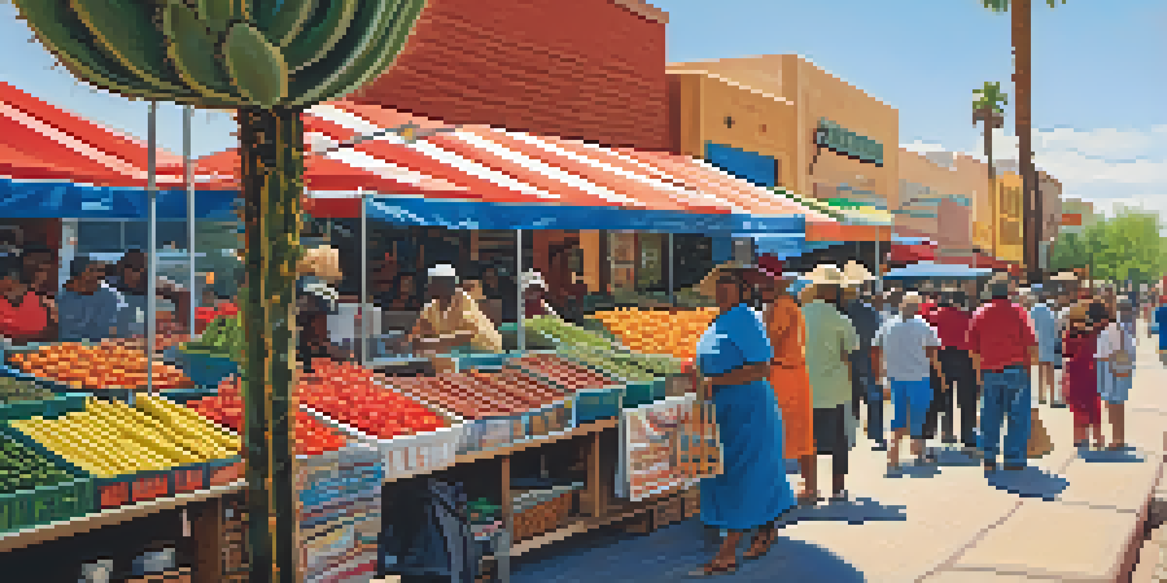 A busy market in Tucson, Arizona, with vendors selling colorful products and diverse community members interacting under a clear blue sky.