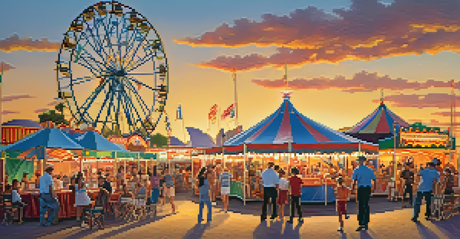 Families enjoying the Pima County Fair with colorful tents, a performing band, and children playing games under a warm sunset.