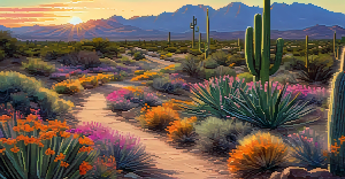 A picturesque rail trail in Tucson during sunset, surrounded by colorful wildflowers and cacti.