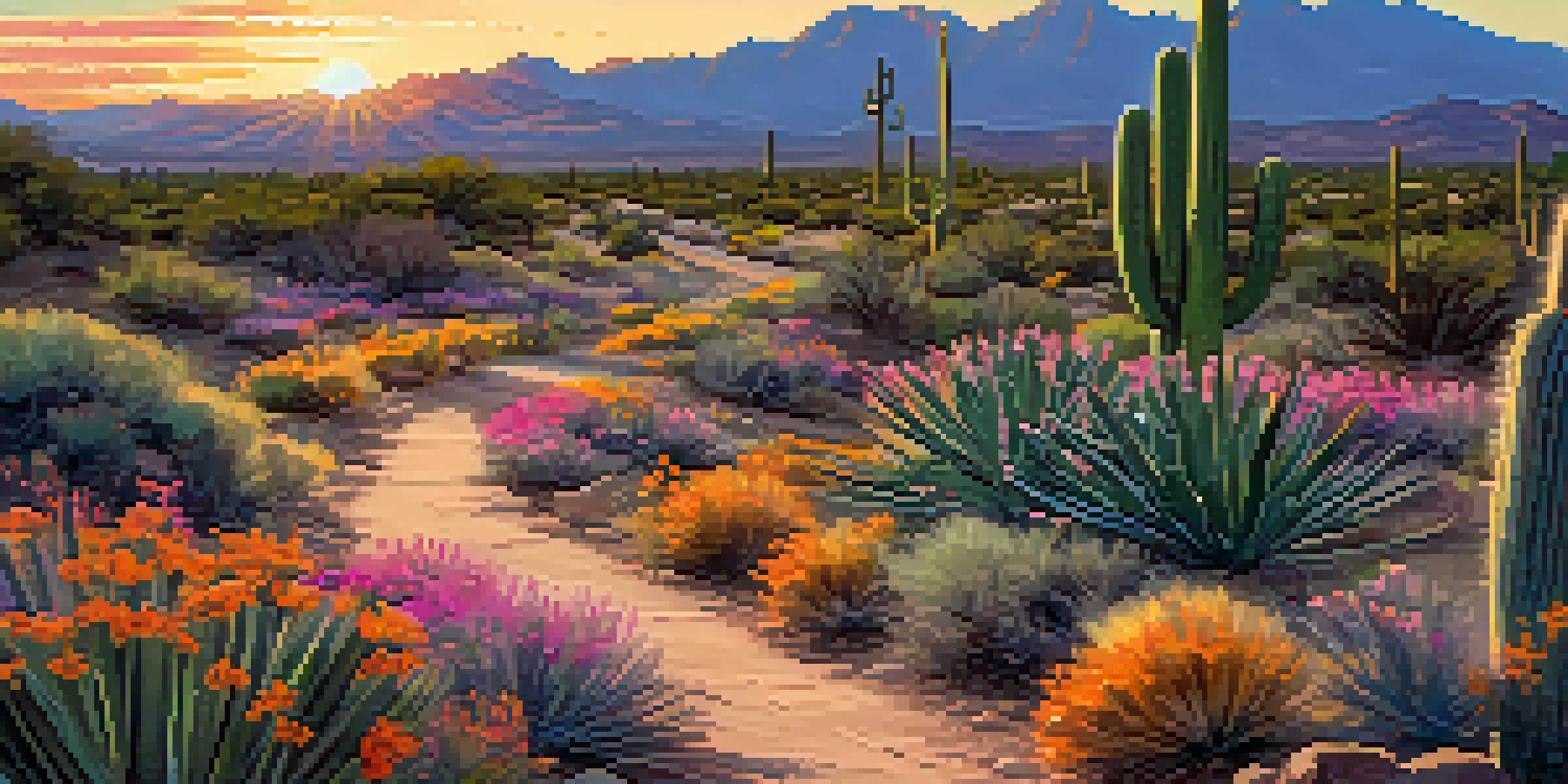 A picturesque rail trail in Tucson during sunset, surrounded by colorful wildflowers and cacti.