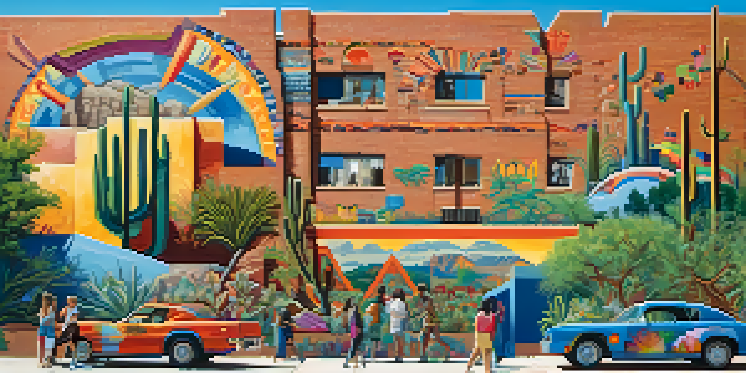 A colorful mural showcasing Tucson's cultural diversity with geometric patterns and local wildlife under a bright blue sky, surrounded by greenery and people.