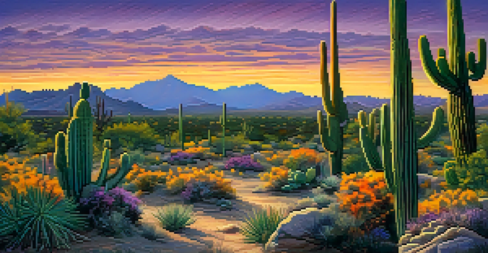 A scenic view of the Sonoran Desert at sunset, featuring cacti and blooming wildflowers under a colorful sky.