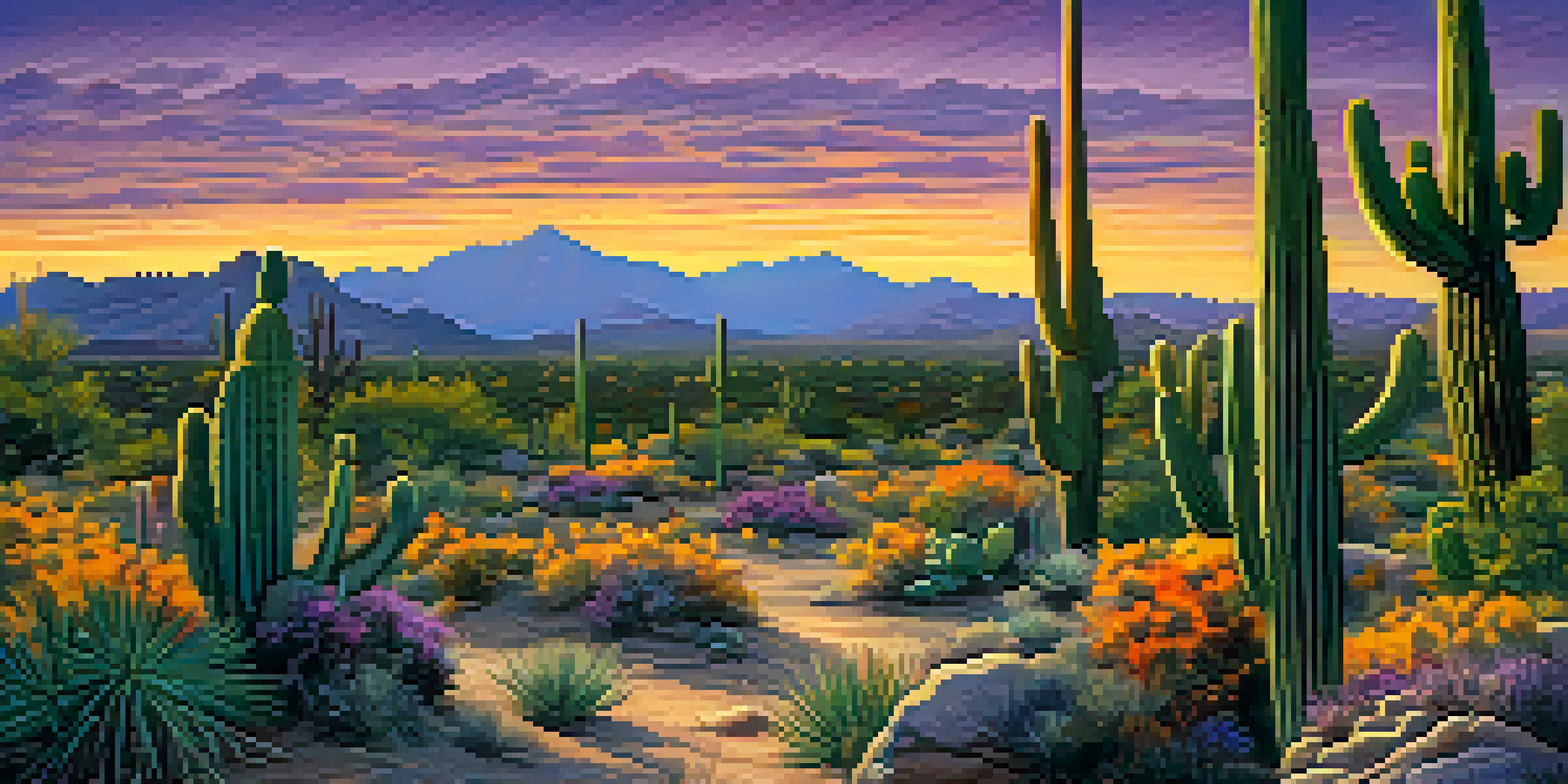 A scenic view of the Sonoran Desert at sunset, featuring cacti and blooming wildflowers under a colorful sky.