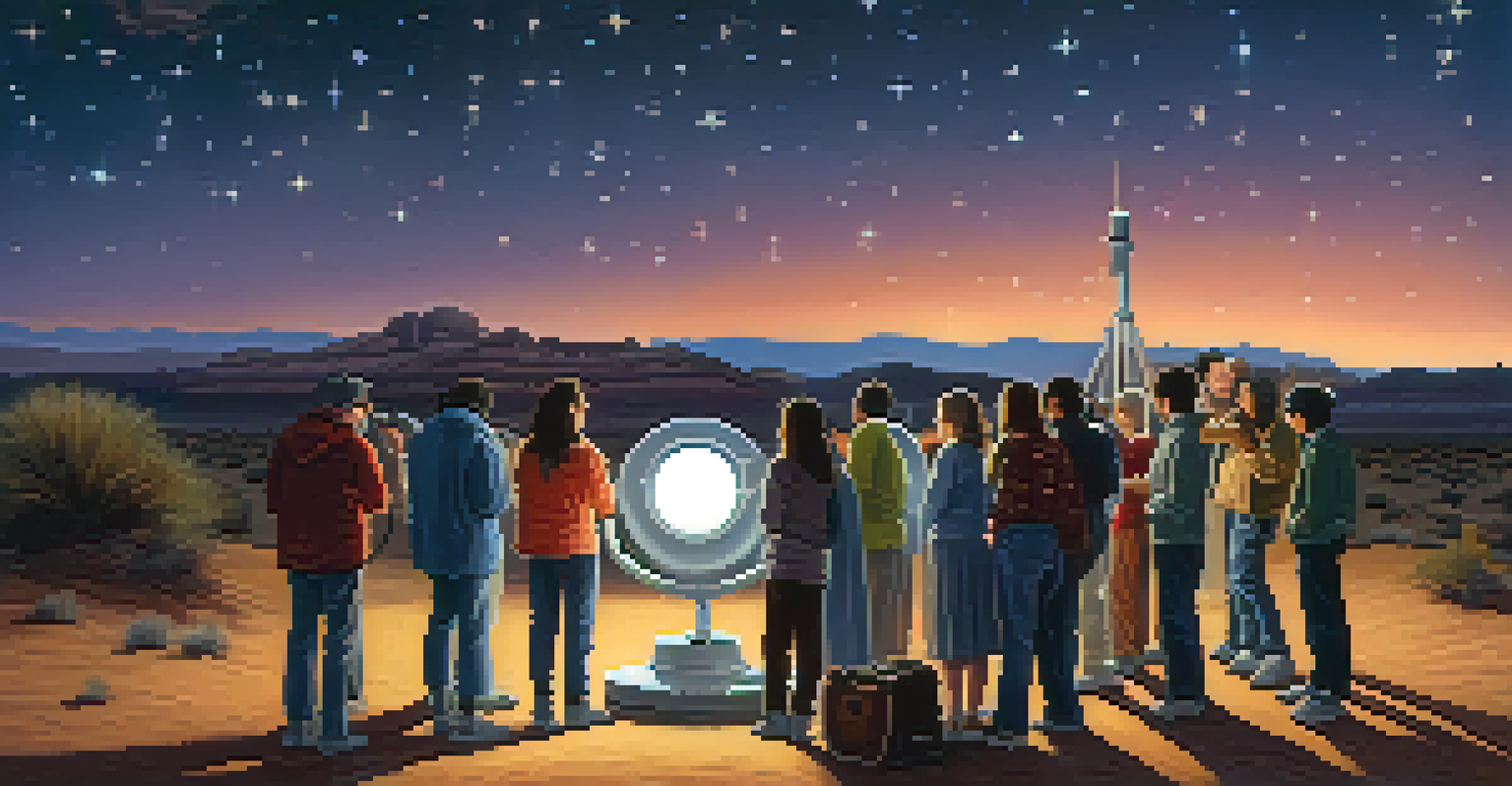 People gathered at a public star party, with telescopes and a clear night sky, engaged in stargazing discussions.