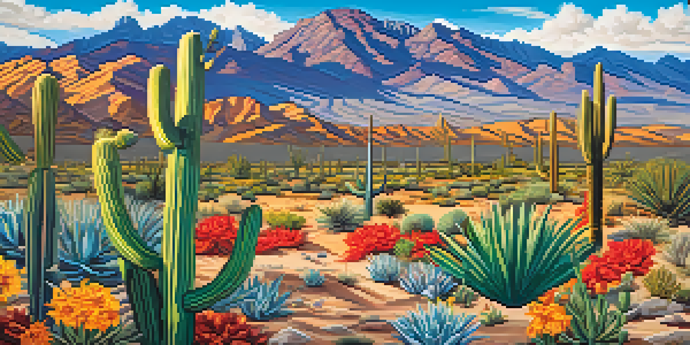 A colorful mural showing a desert landscape of Tucson with saguaro cacti, mountains, and wildflowers, highlighting cultural symbols.