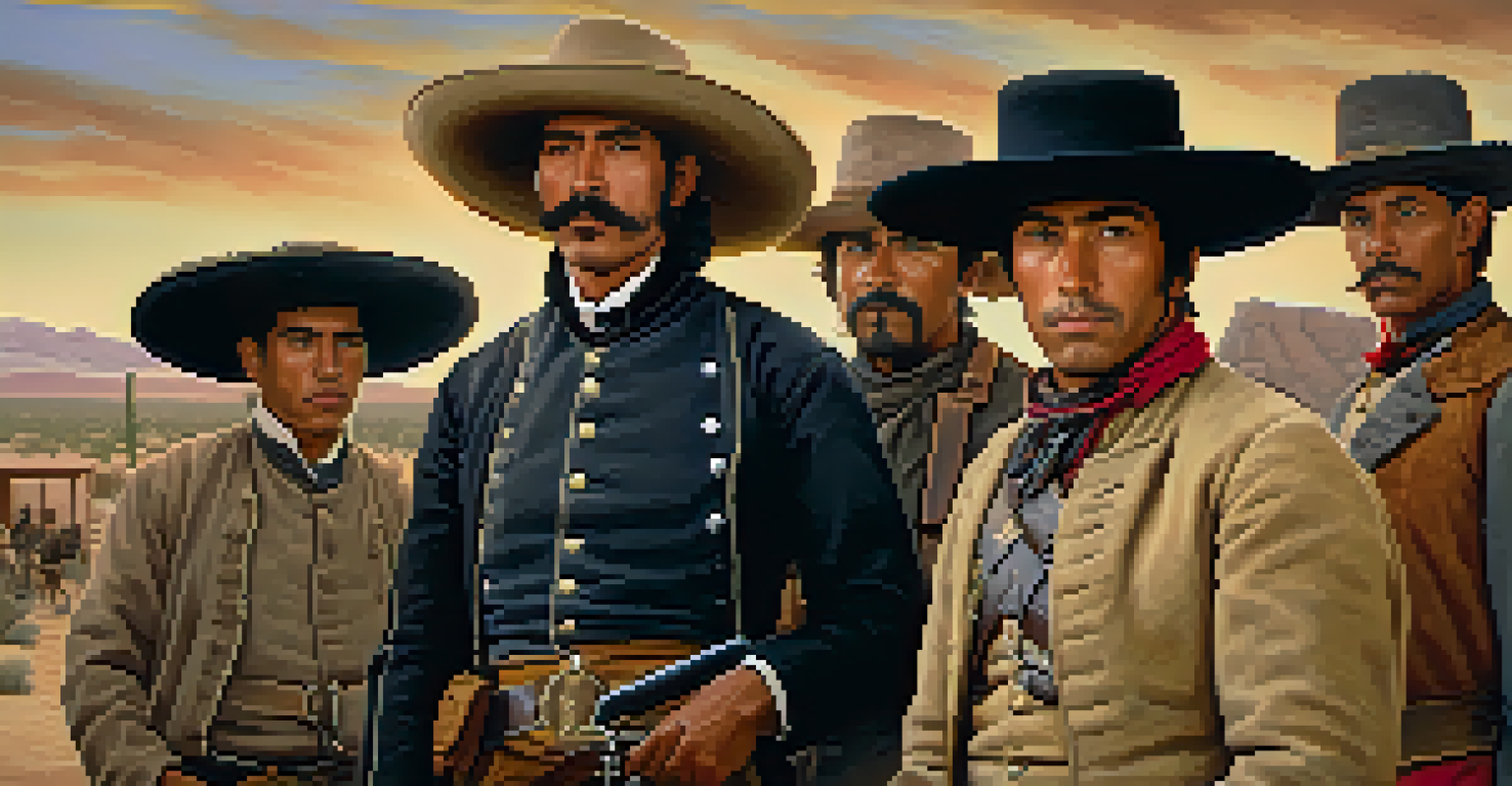 A close-up portrait of diverse Tucson residents during the Mexican-American War, including a soldier, merchant, and farmer in period clothing.