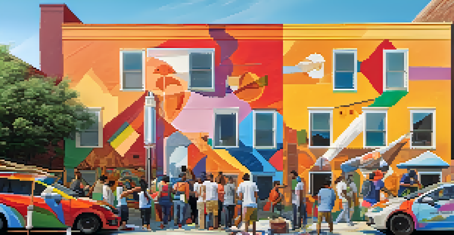 Local residents painting a colorful mural together, surrounded by paint cans and brushes in the sunlight.