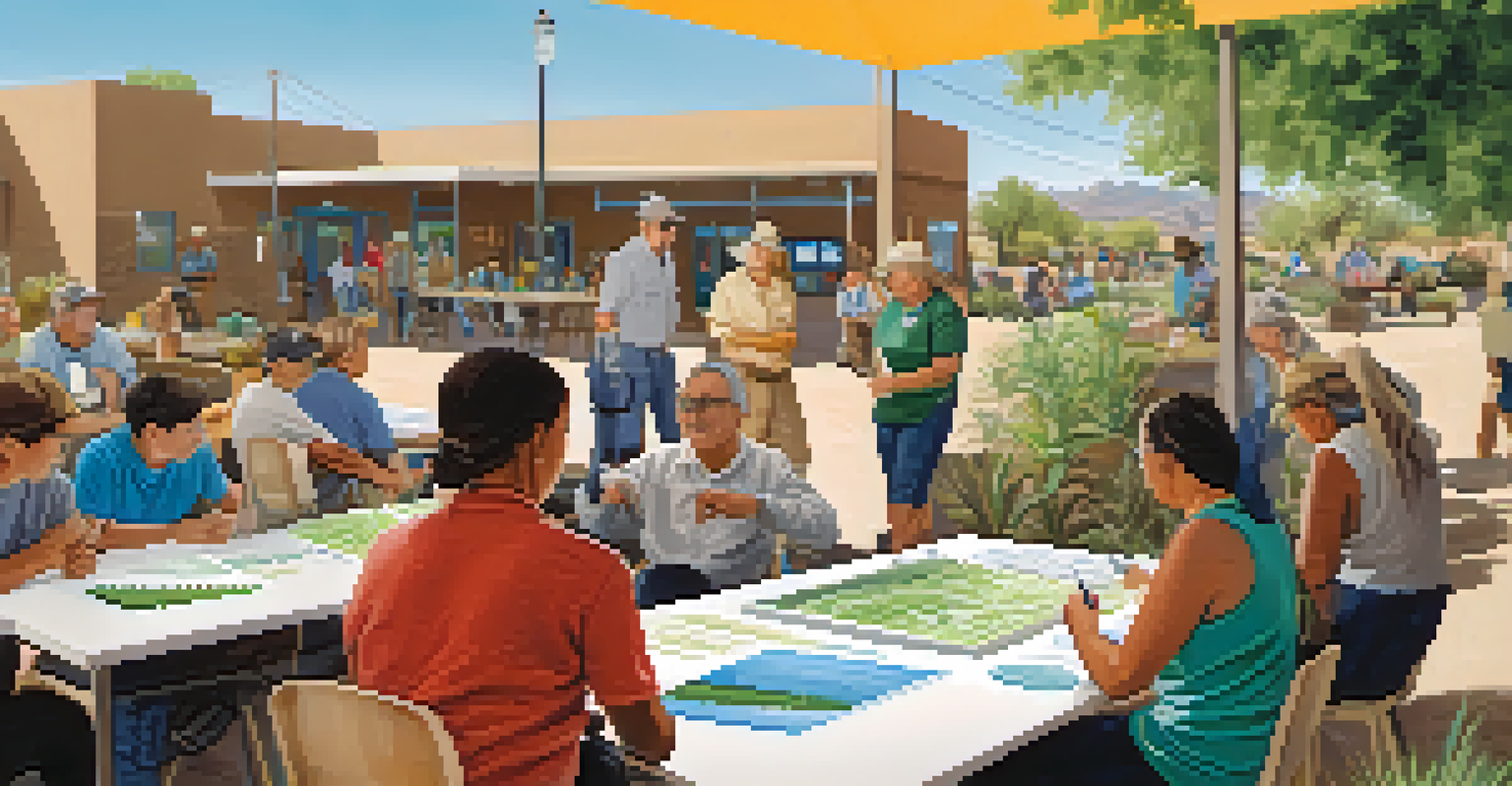 A community workshop in Tucson about water conservation, with residents learning about smart irrigation systems, surrounded by plants and educational materials.