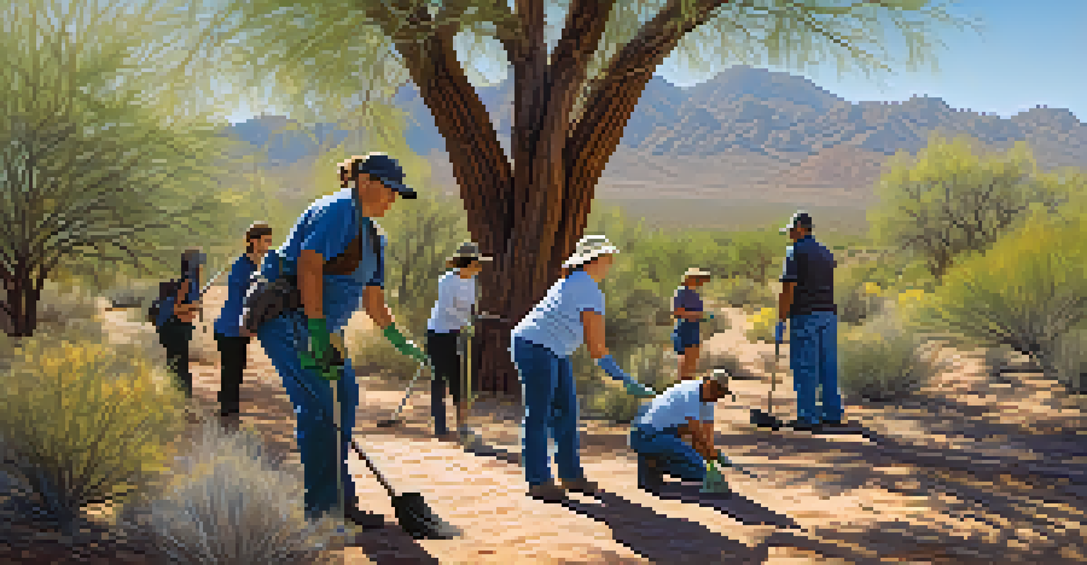 A diverse group of volunteers cleaning a trail in Tucson's national parks under bright sunlight.
