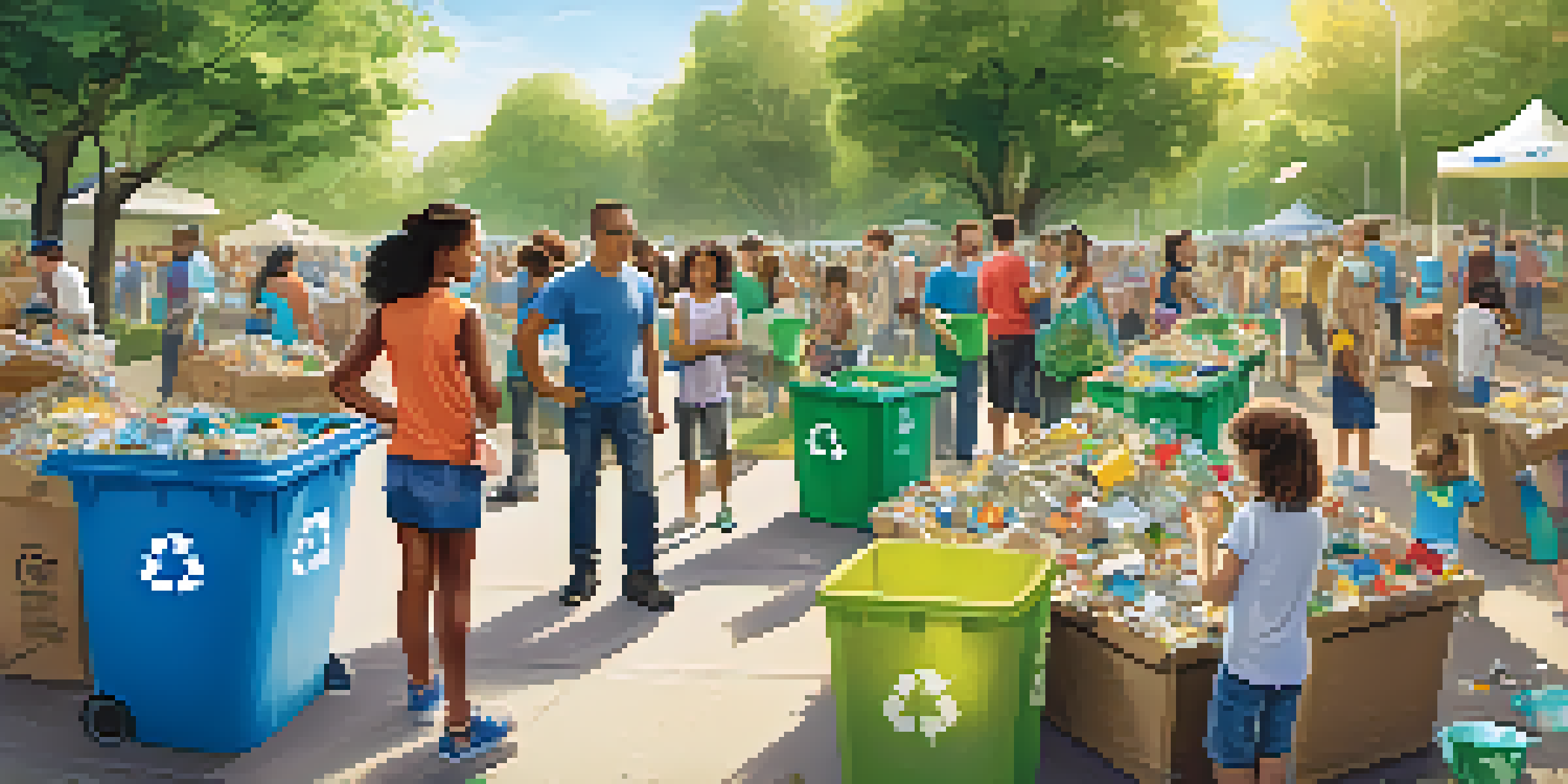 A lively park scene with families engaging in a community recycling event, sorting materials into colorful bins under the sun.