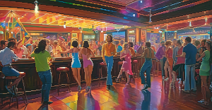 A lively 1970s LGBTQ+ bar with patrons dancing, colorful disco lights, and a drag performer on stage.