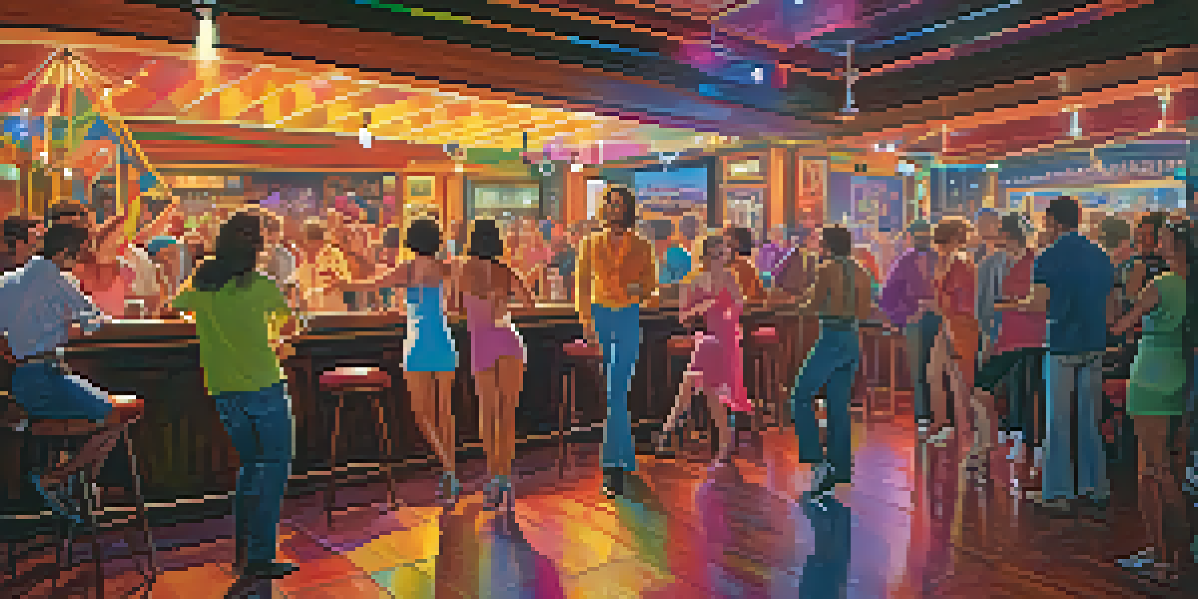 A lively 1970s LGBTQ+ bar with patrons dancing, colorful disco lights, and a drag performer on stage.