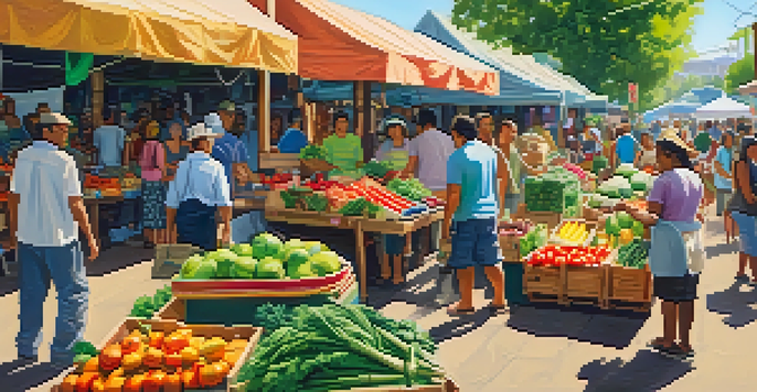 A lively outdoor market with local vendors selling fresh produce and sustainable products, surrounded by greenery and happy customers.